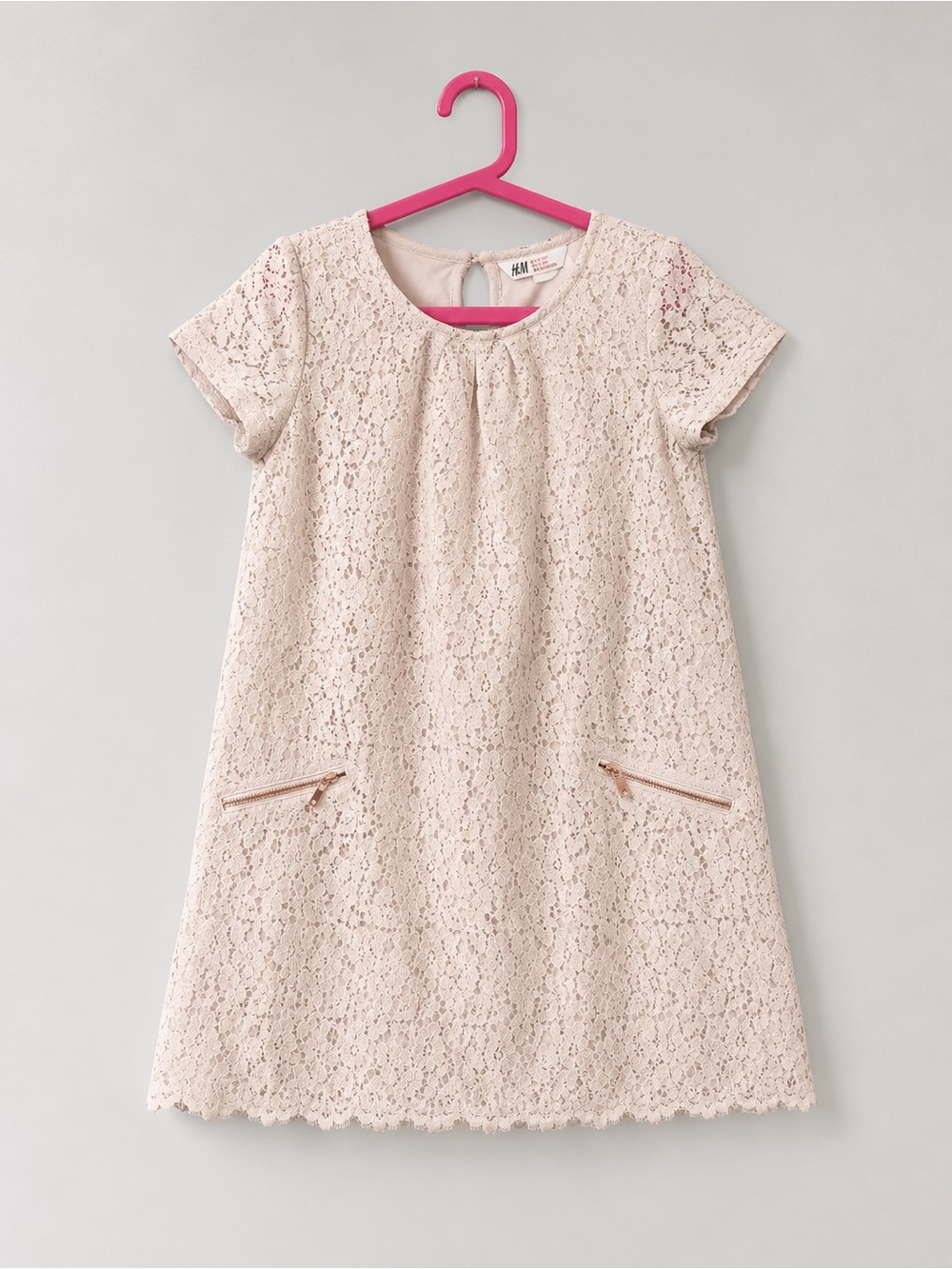 H&M Dress Shift Lace Zipper Size 6-8Y Girls Cream Pink Floral Short Sleeve